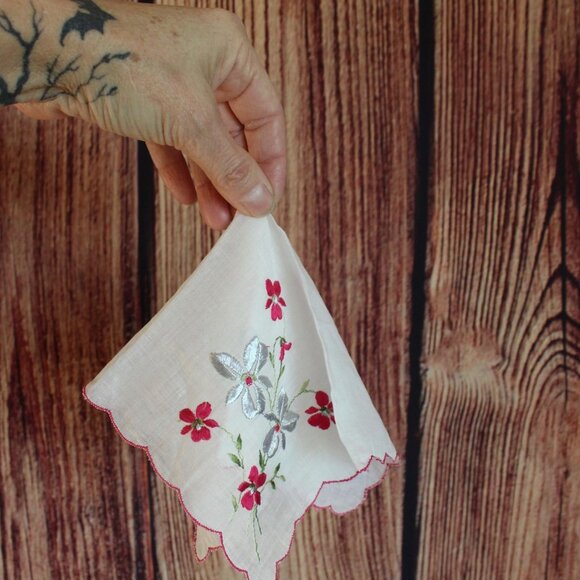 Vintage Christmas Handkerchief, Silver Poinsettia Print Red Trim, Holiday Theme - Picture 2 of 10